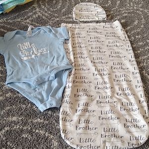 Little brother onesie, hat, and swaddle sack